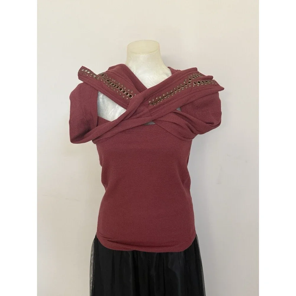Free People Mia Thermal Top Red Jasper Long Sleeve Grommet Cuff Women M